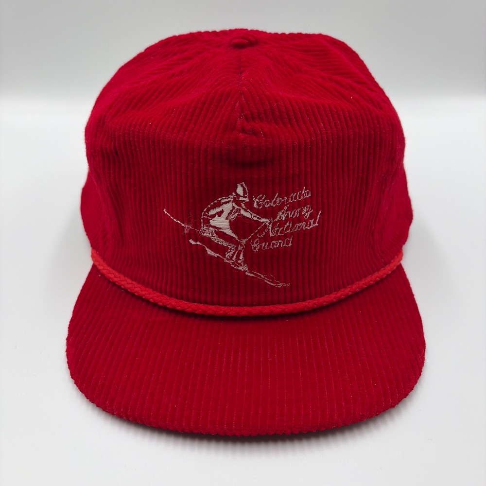 Vintage Colorado Army National Guard Hat Mens OSFM Red Corduroy Skiing Rope Hat